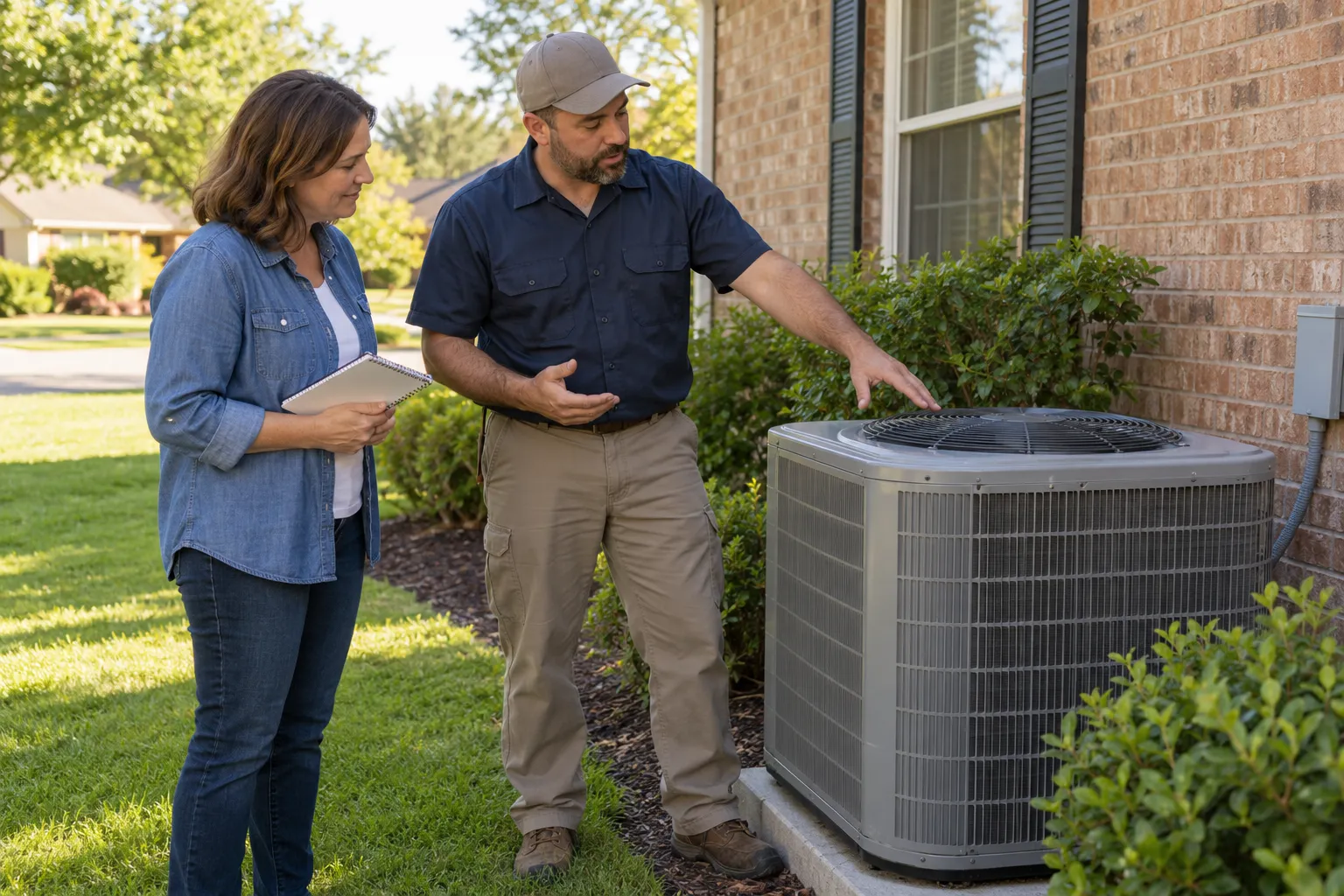 Homeowner in Hoover talking with an HVAC provider beside an outdoor air conditioner